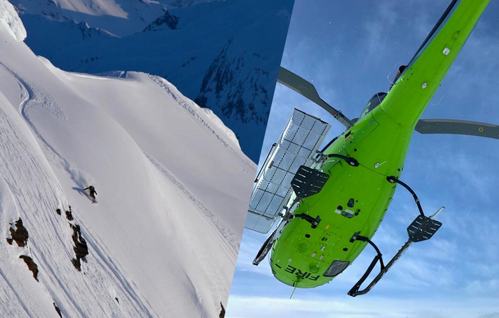 collage of snowboarder and green helicopter